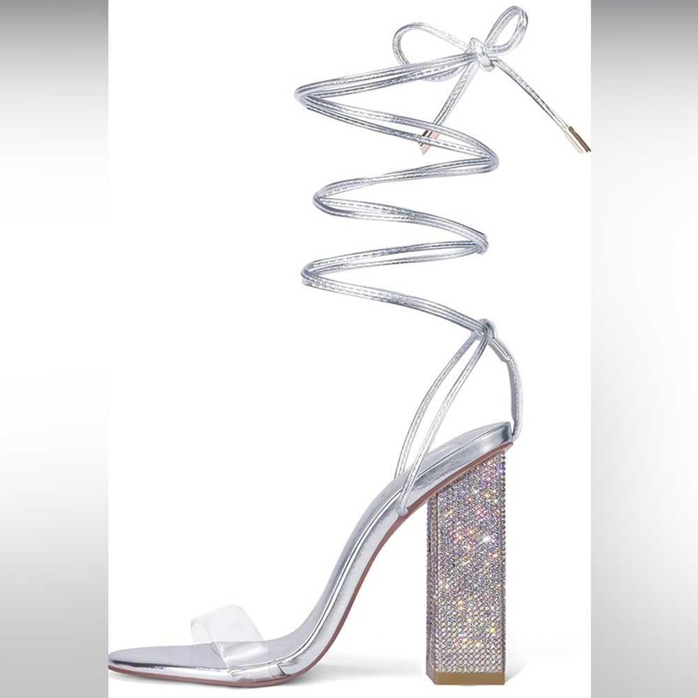 Sexy Strappy Rhinestone Chunky Sandals for Women Lace-up High Heels